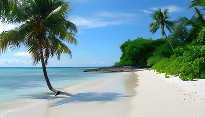 Idyllic beach paradise with pristine white sand, turquoise waters, and vibrant tropical greenery for ultimate relaxation