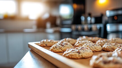 A close-up shot of freshly baked chocolate chip cookies on a wooden cutting board in a kitchen.