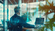 © ki - Focused businessman analyzing revenue charts and financial metrics on a digital screen, emphasizing business success, financial growth, and monetization in a modern office environment.