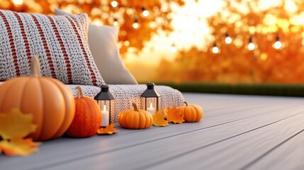 Wall Mural - A deck with pumpkins and lanterns on it, AI