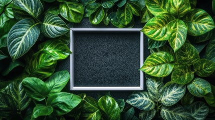 Sticker - A blank frame surrounded by lush green leaves, ideal for nature-themed presentations.