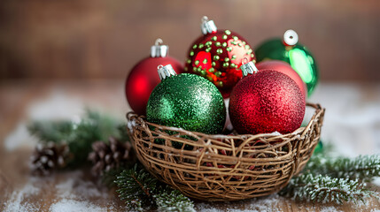 Red and green ornaments in a small basket.


