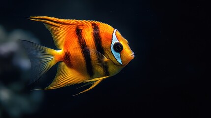 Wall Mural - A vibrant orange and black striped fish swimming gracefully in a dark underwater environment.