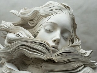 Wall Mural - Sculptural Portrait of a Woman with Closed Eyes Surrounded by Pages of a Book