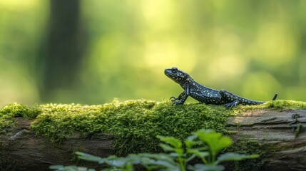 Sticker - A salamander resting on a moss-covered log in a serene forest setting.