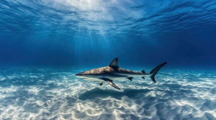 A shark swims gracefully in clear blue waters illuminated by sunlight.