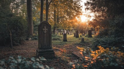 Wall Mural - A serene cemetery scene at sunset, featuring gravestones surrounded by trees and foliage.