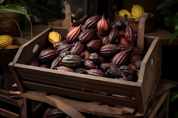 Wall Mural - Fresh ripe Cacaos in wooden crate