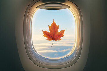 Autumn fallen maple leaf stuck on the window of an airplane. Autumn travel and flights, autumn season. Top places to travel in Fall season. Canada travel, seasonal tourism