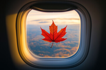 autumn fallen maple leaf stuck on the window of an airplane. autumn travel and flights, autumn seaso