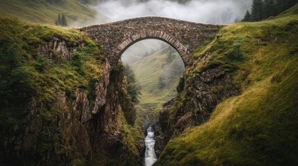 Wall Mural - A stone arch bridge spanning a lush valley with a river below, surrounded by misty mountains.