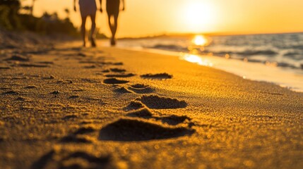 Poster - Two people walking on a beach at sunset, leaving footprints in the sand.