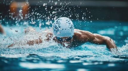 Swimmer diving into a pool at the start of a race, with splashing water from above.