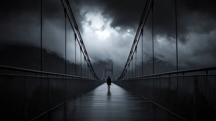 Sticker - A solitary figure walks across a bridge under a dramatic, cloudy sky.