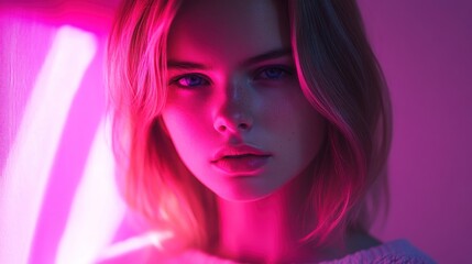 Canvas Print - A close-up portrait of a young woman illuminated by soft, colorful lighting.