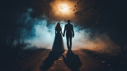 Wall Mural - A couple walks hand-in-hand on a misty road under a full moon, creating a romantic atmosphere.