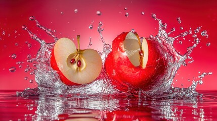 Poster - Two red apples splashing in water against a vibrant red background.