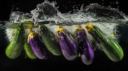 Wall Mural - Fresh eggplants splashing into water, showcasing vibrant colors and freshness.