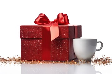 A close-up photo of a textured red gift box with a satin bow, highlighting the intricate details of the box and the steam rising from the coffee cup on a white background.