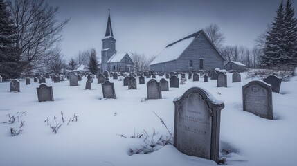 Sticker - A serene winter graveyard scene with a church in the background, covered in snow.