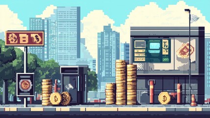 Pixel art money, with retro 8-bit style coins and bills, adding a playful and nostalgic feel to the representation of wealth.