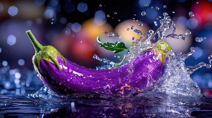 Sticker - A vibrant eggplant splashes into water, creating dynamic droplets and a colorful background.