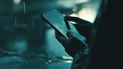 Sticker - A person holding a smartphone in the rain, reflecting droplets and light.