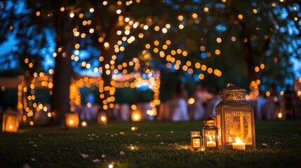 Canvas Print - A beautifully lit outdoor event with lanterns and fairy lights, creating a romantic atmosphere.