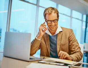Poster - Man, phone call and writing with notes, documents and laptop for connection at digital agency as art director. Creative person, tech and research for design, brief or project for online website