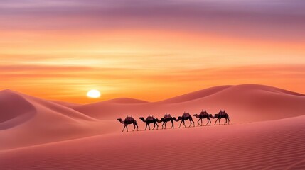 Wall Mural - A group of camels are walking across the desert at sunset, AI