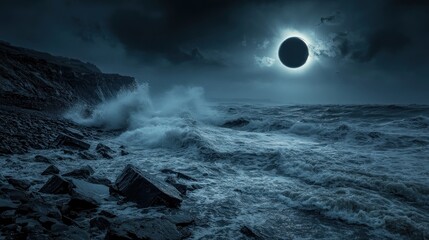 Sticker - A dramatic seascape at night featuring turbulent waves and a solar eclipse.