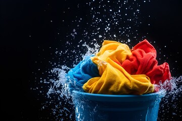 A vibrant splash of water surrounds colorful clothes in a blue bucket against a dark background, capturing a dynamic moment of washing.