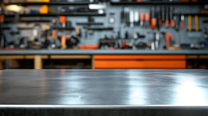 Wall Mural - A blank metal tabletop with blurred automotive tools and parts in the background.