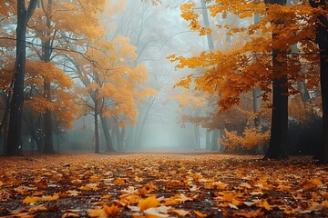 Wall Mural - Enchanted Autumn Pathway in a Misty Forest