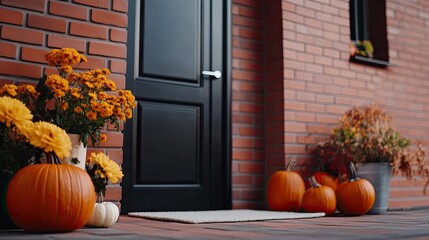 Wall Mural - The front porch is beautifully adorned with vibrant pumpkins and blooming mums, complemented by a charming doormat, embodying the spirit of autumn