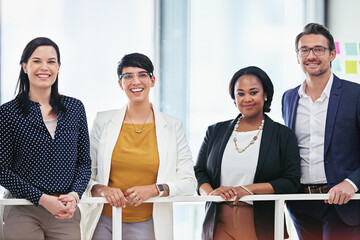 Canvas Print - Happy business people, portrait and team with confidence for creative development, growth or mission at office. Young, group and employees with smile for career, job or organization at workplace