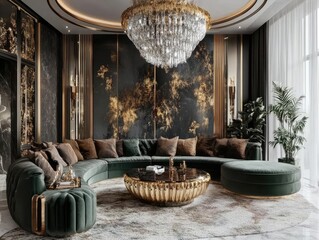 Wall Mural - opulent living space with plush velvet sofa crystal chandelier gilded accents