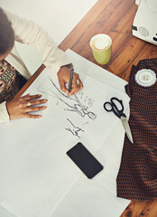Aufkleber - Fashion designer, art and woman with sketch in workshop for clothing ideas. Tailor, creative and hands of female person with drawing for illustration, pattern and planning in startup business.