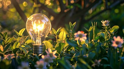 Poster - A vintage light bulb illuminates the surrounding lush greenery and blooming flowers as the sun sets, creating a tranquil atmosphere in the garden.