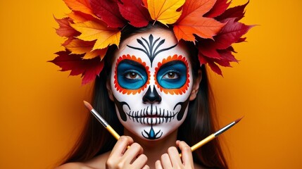 A woman with vibrant Día de los Muertos face paint and a crown of autumn leaves holds two paintbrushes against a bright orange background.