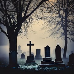 graveyard in the fog, halloween concept