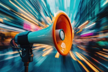 Poster - A Megaphone With Blurred City Lights in the Background