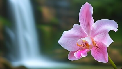 Wall Mural - Elegant pink orchid blossom framed by a softly blurred waterfall backdrop