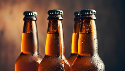 Wall Mural - Frosty amber beer bottles with condensation glistening in closeup detail