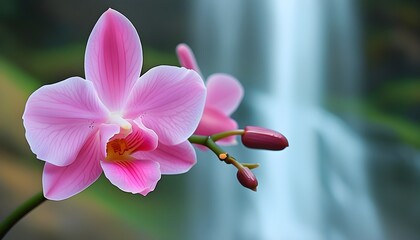 Wall Mural - Elegant pink orchid blossom framed by a softly blurred waterfall backdrop