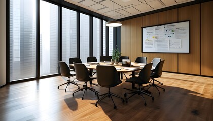 Wall Mural - Silhouetted boardroom scene highlighting communication, brainstorming, and collaboration for strategic business planning and teamwork in a corporate setting