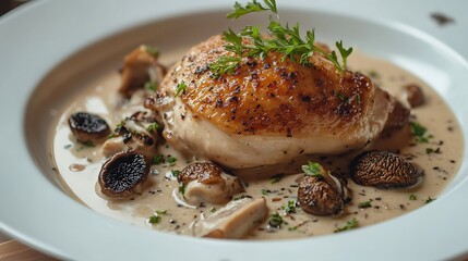 A white plate holds a delicious meal of chicken with mushrooms and a creamy sauce, garnished with fresh parsley.