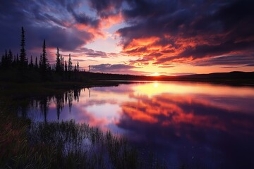 Wall Mural - A beautiful sunset over a lake with a reflection of the sun on the water. The sky is filled with clouds, creating a serene and peaceful atmosphere