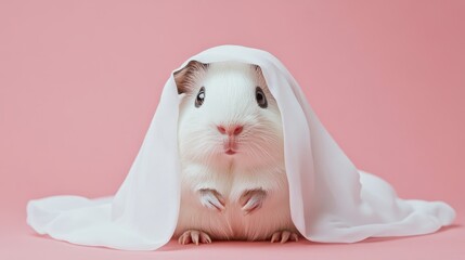 Wall Mural - Cute Guinea Pig Under White Fabric on Pink Background