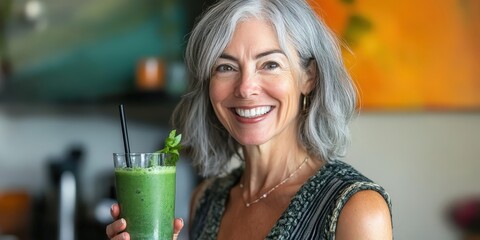 A woman with gray hair holding a green smoothie.